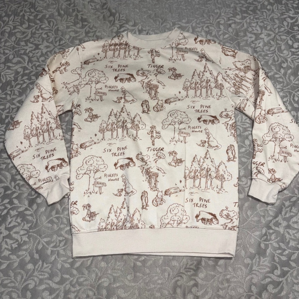 Disney Winnie the Pooh Sketch Print Sweatshirt Cream XXS Hundred Acre Wood (E37)